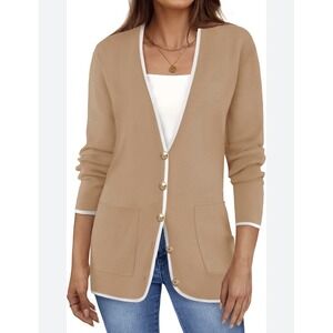 Zesica Small Block Tan Open Front Long Sleeve Soft Knit Cardigan Sweater Buttons